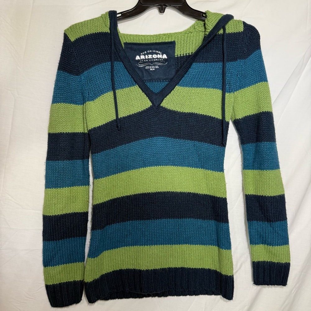 Y2K Juniors Arizona Jean Company V-Neck Sweater - Navy and Lime Hooded Size M